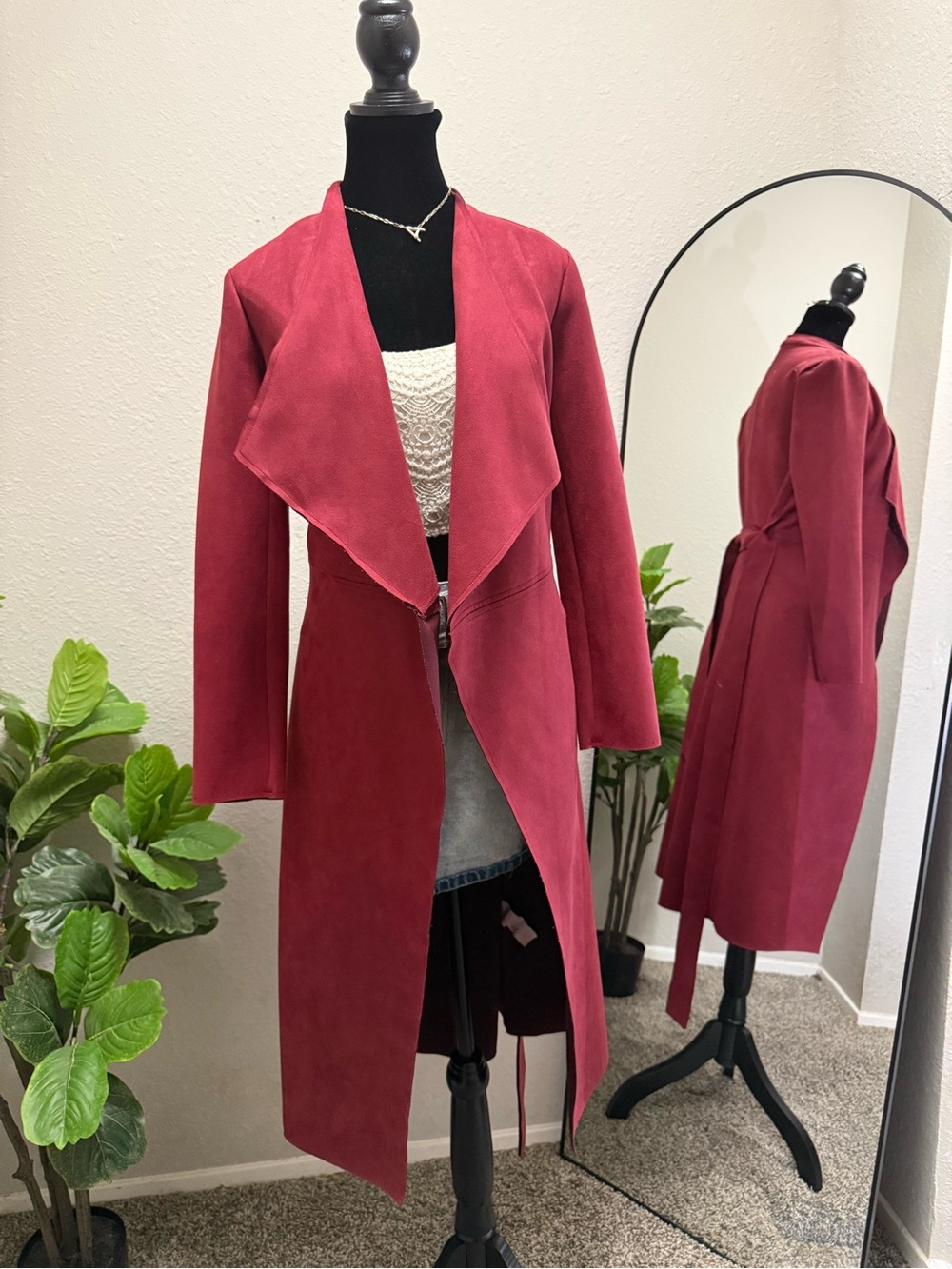 JustFab Women's Long Open Front Trench Coat in Deep Rose